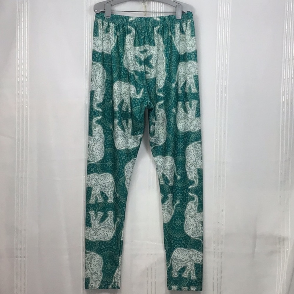 🐘 LILY by Firmiana Teal White Graphic Elephants Design Leggings Sz. L/XL NWOT - Picture 6 of 7